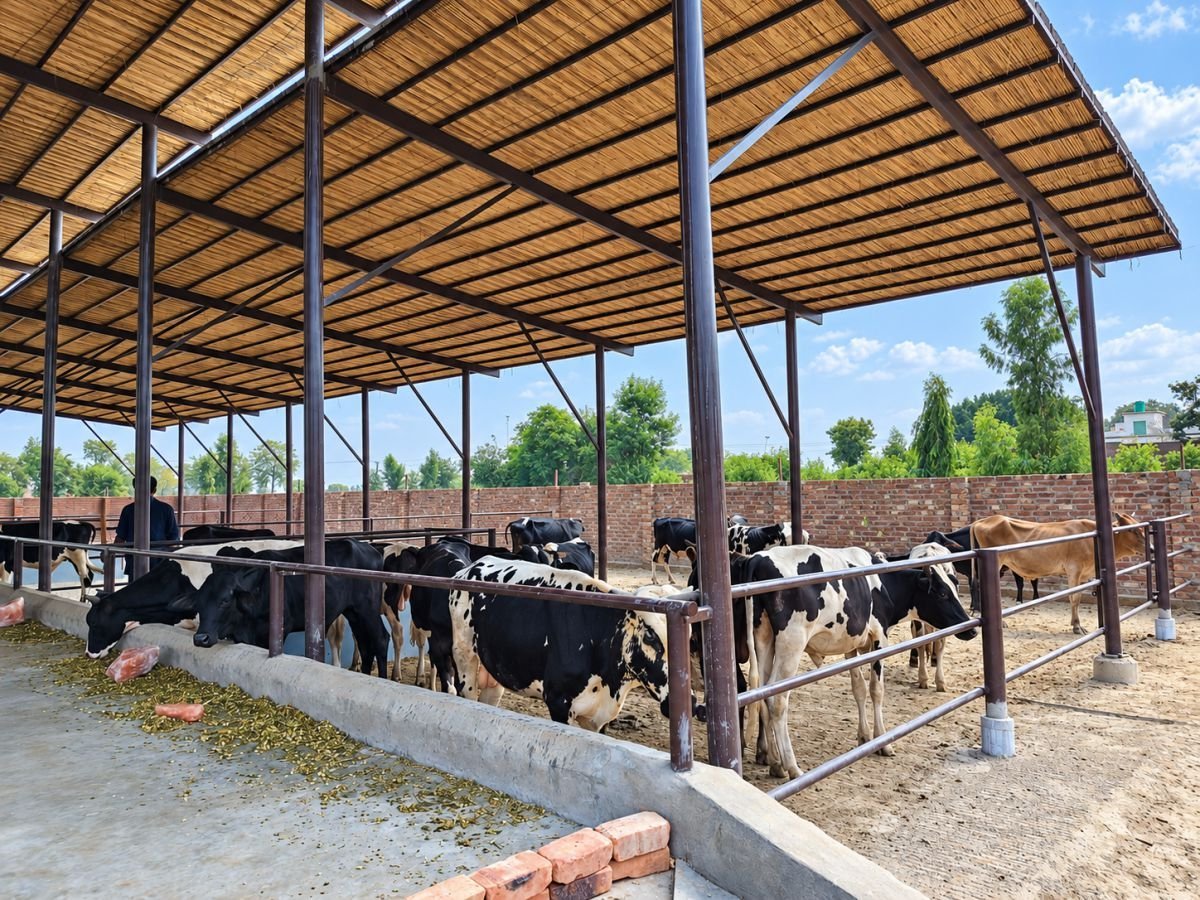 A worker laying out fresh fodder along the farm's feed lane at mealtime