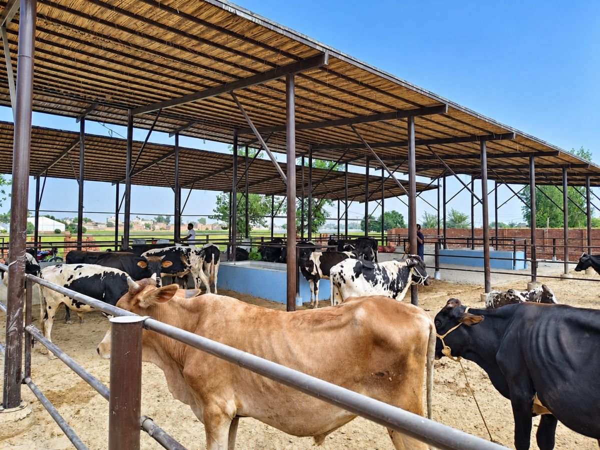 Cattle standing under the farm's tall, shaded sheds