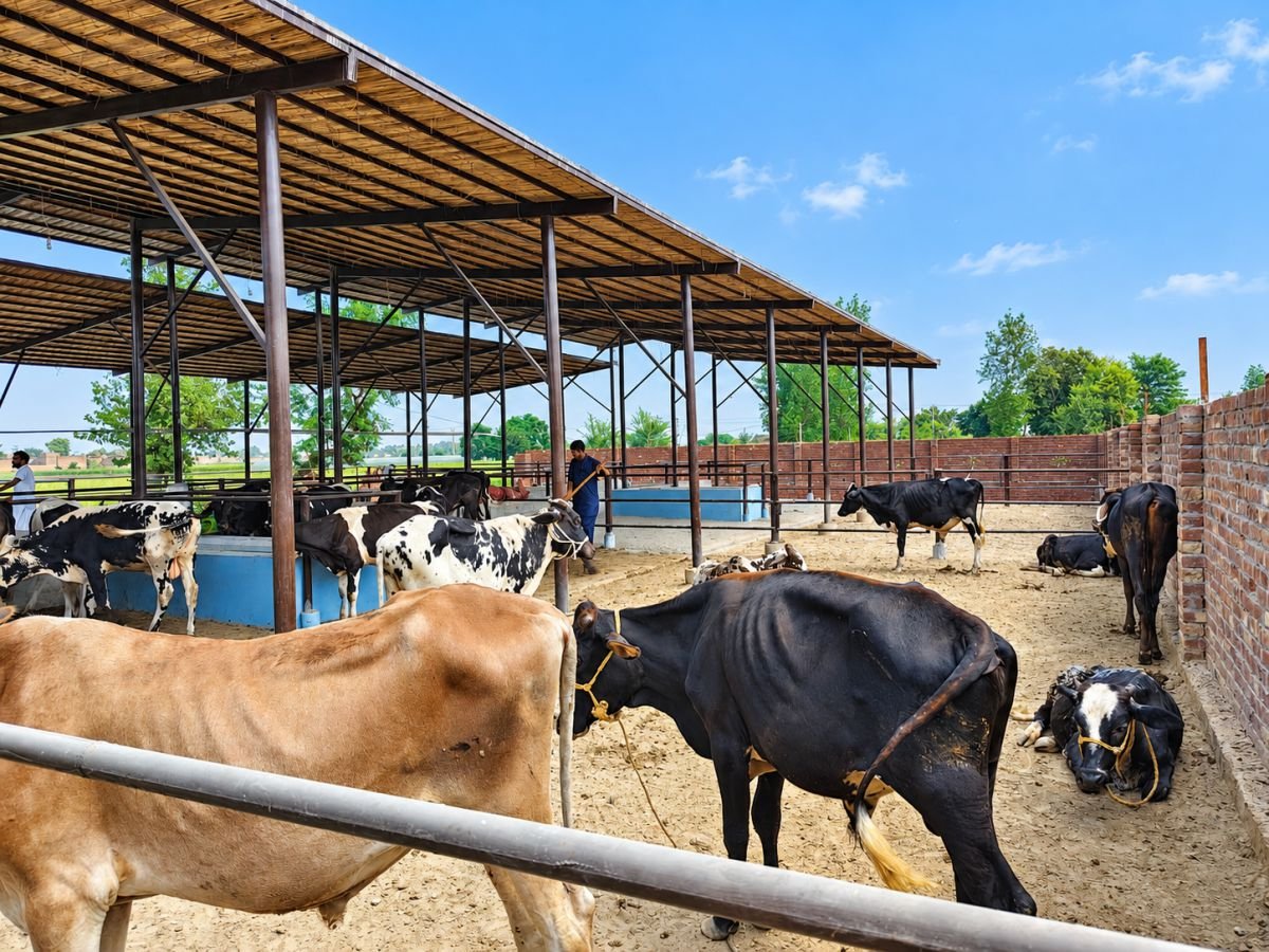 Cattle resting in the sandy yard beside the farm’s brick boundary wall