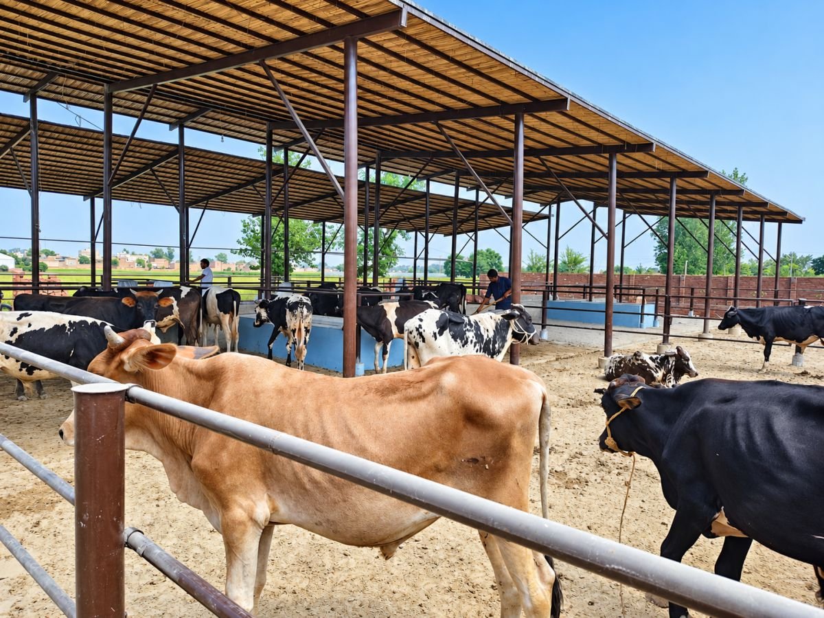Cattle together in the farm's shaded yard
